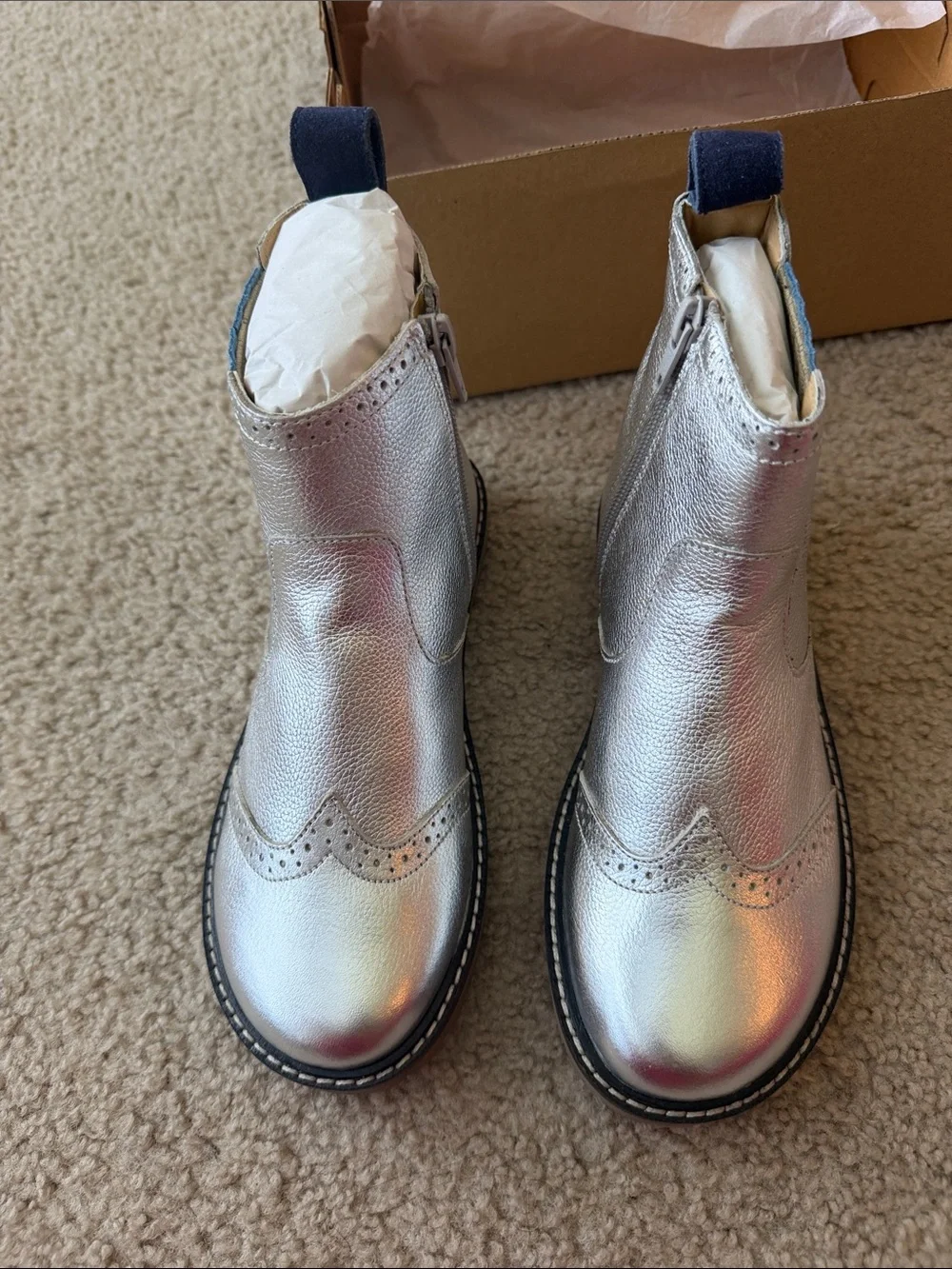 Mini Boden Metallic Silver Chelsea Boots with Navy Side Panels